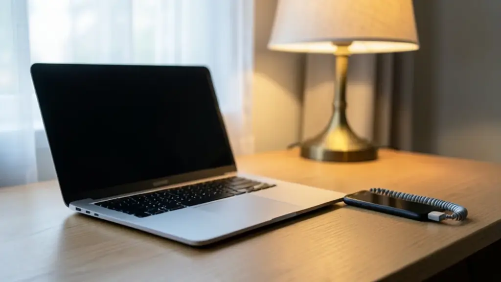 Phone connected to a laptop by cable on a home desk