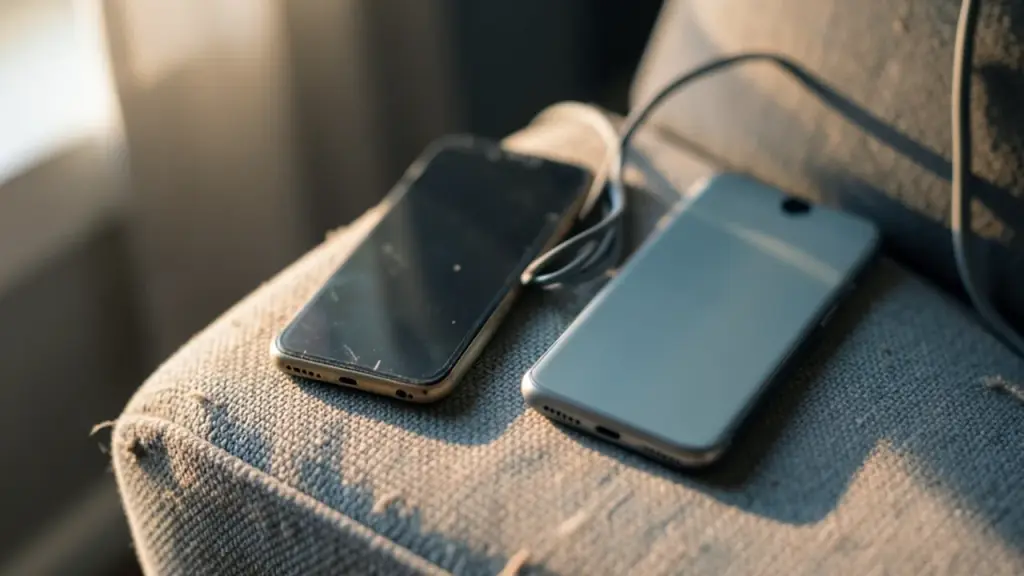Old and new phones on a sofa armrest with a cable