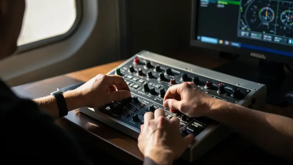 User adjusting MOZA MFY Yoke with cockpit software on screen.