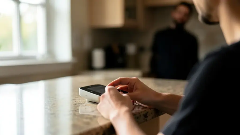 Over-shoulder of person using voice device, another blurred silhouette in kitchen