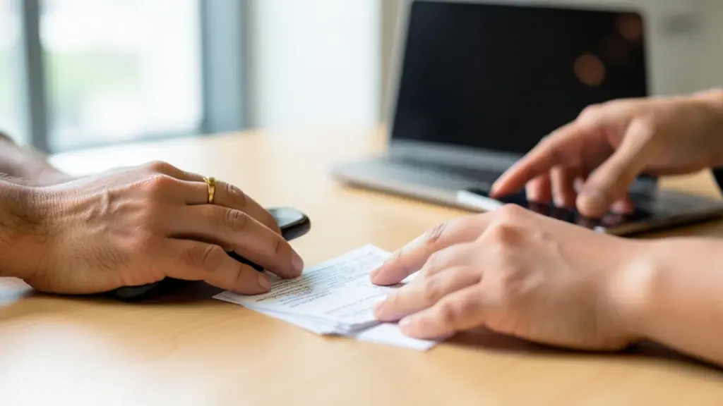 Hands around coworking table with closed phone, receipts, laptop screen away