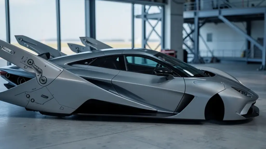 Close-up side view of the flying concept car with stabilizers and dark cockpit.