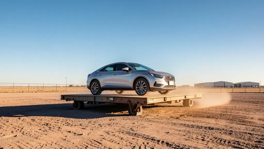 Flying car demo at a Texas test site, hovering above the ground with surrounding facilities.