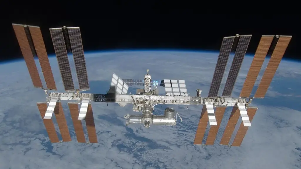 Exterior view of the International Space Station with solar arrays