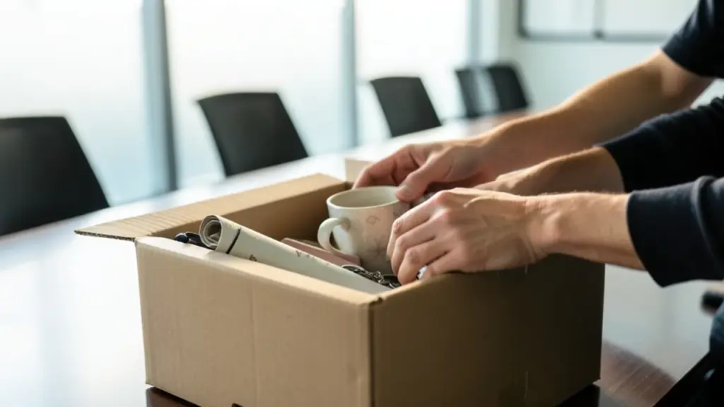 Hands packing personal items into a cardboard box in an empty conference room.