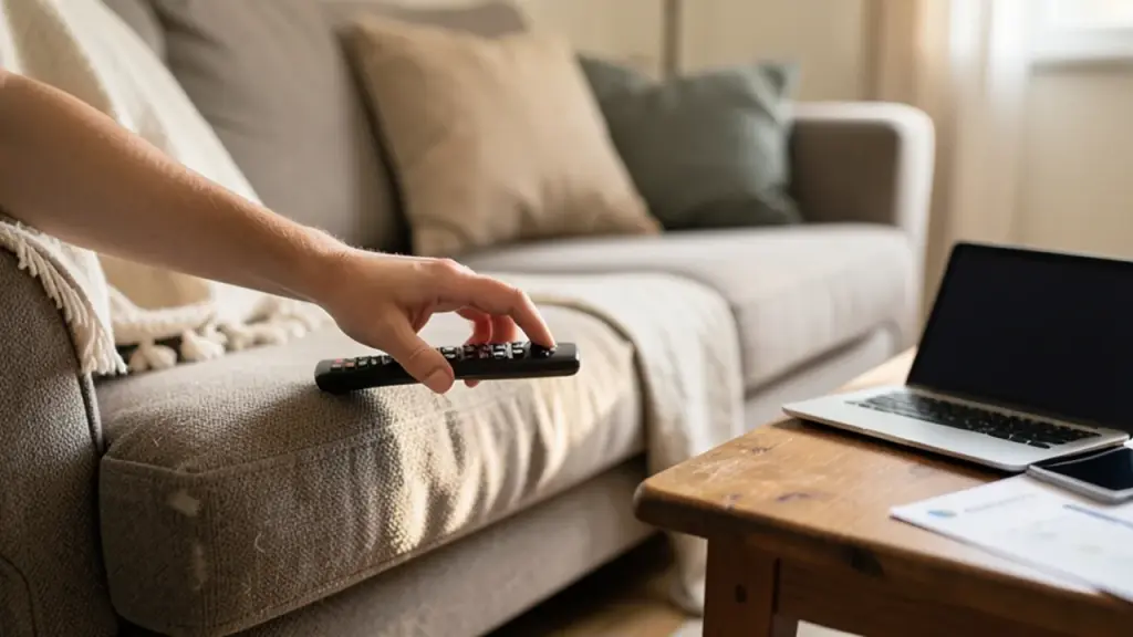Hand reaching for remote on couch with idle devices and event schedule on coffee table.