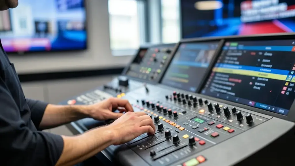 Hands adjust switchboard in a TV studio control room.