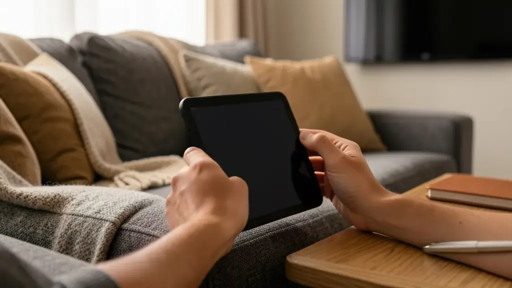 Person using tablet to browse streaming content at home.