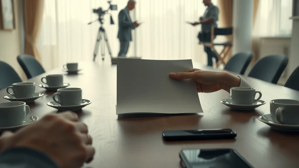 Hands exchanging a folder across table with cups, silhouette of crew in background