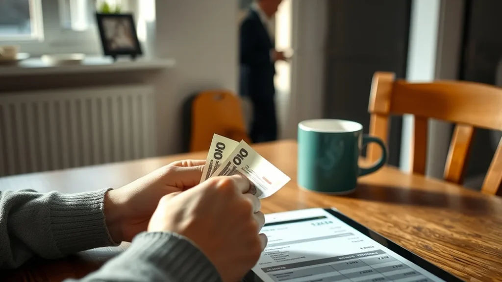 Hands counting cash on kitchen table, worried reflection in window