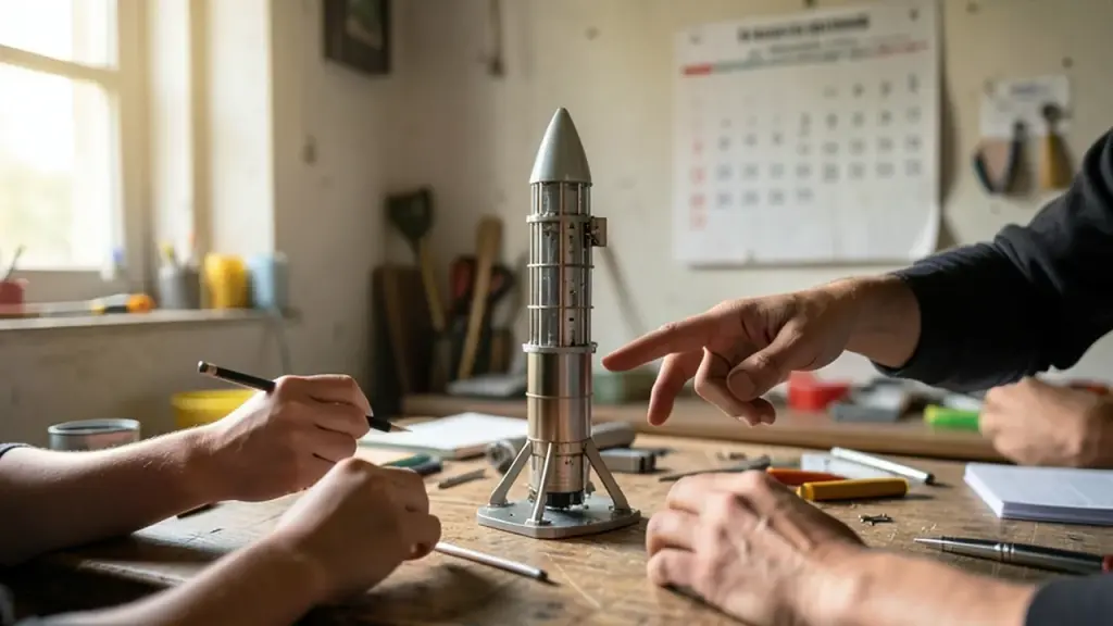 Small satellite team around a scale rocket model in workshop, hands discuss schedule