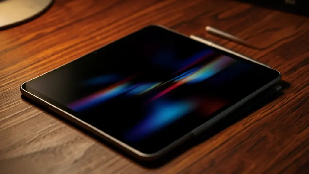 Compact tablet with a bright blurred screen beside a stylus on a wooden desk