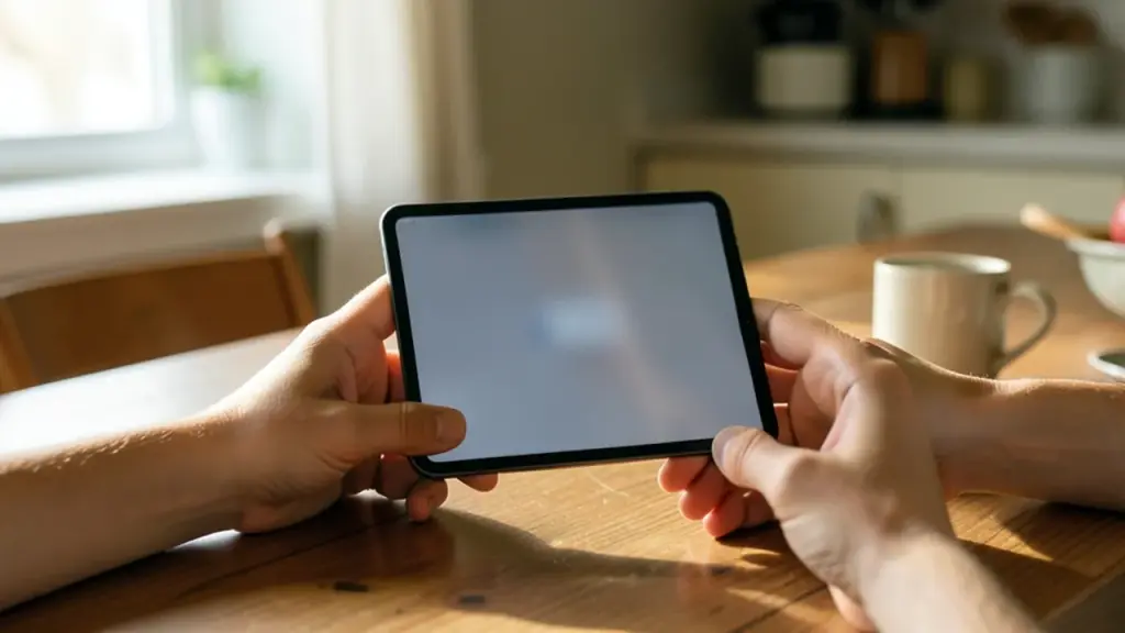 Hands holding a small tablet sideways on a kitchen table for a video call