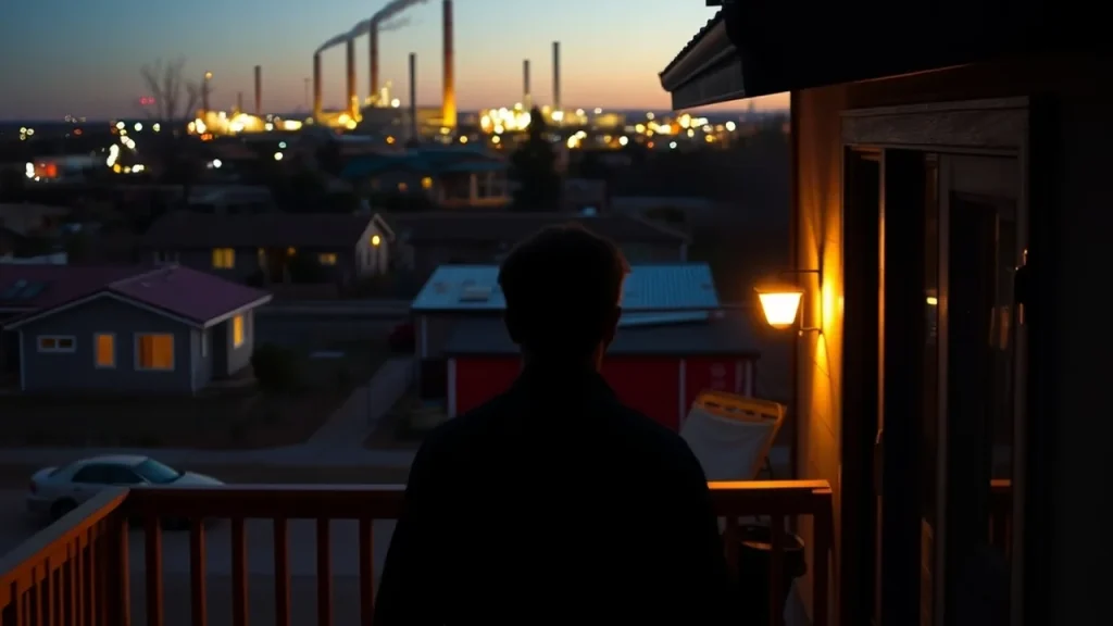 Homeowner on porch looking toward distant factory lights near neighborhood