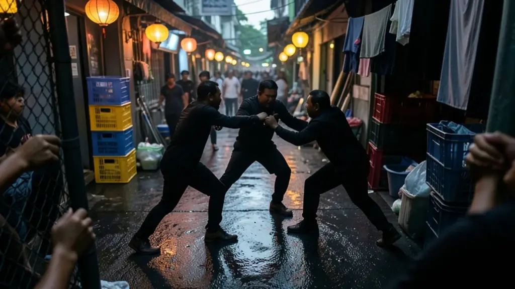Night alleyway brawl with fighters and bystanders by wet pavement and hanging laundry