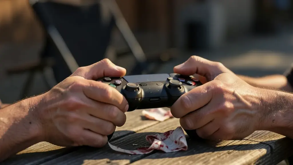 Hands gripping a matte black gamepad on a table beside a bandage and folding chair