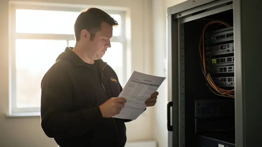Sysadmin checks a printed checklist next to an open server cabinet with appliance inside.