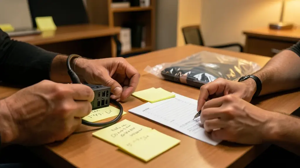 Hands at a conference table rotating tokens and logging actions, incident response scene.