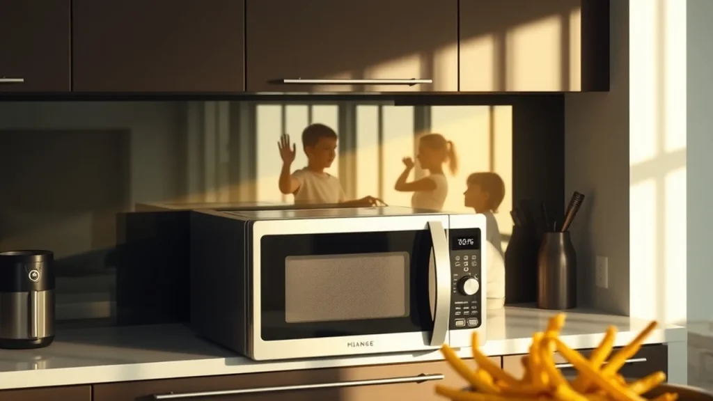 Single appliance on kitchen counter replacing a microwave and air fryer, family silhouettes in background