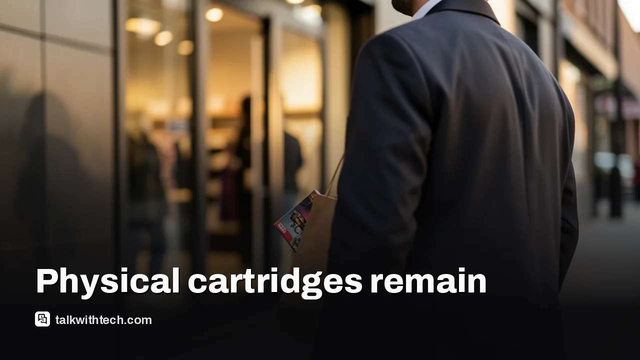 Shopper carrying a bag with a game cartridge box inside
