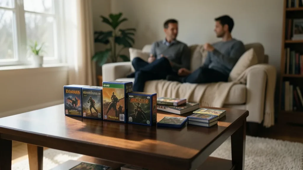 Table with physical game cartridges in a living room, people talking in background