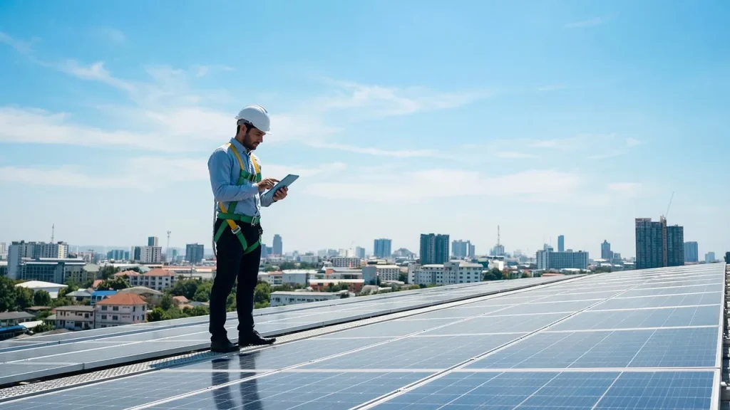 Engineer inspecting a product line with a handheld device