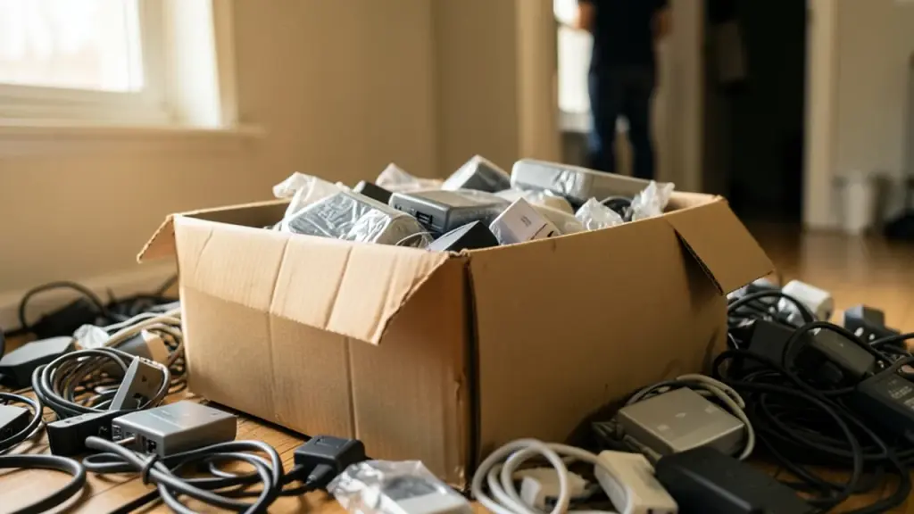 Cardboard box of laptop chargers and adapters in a living room