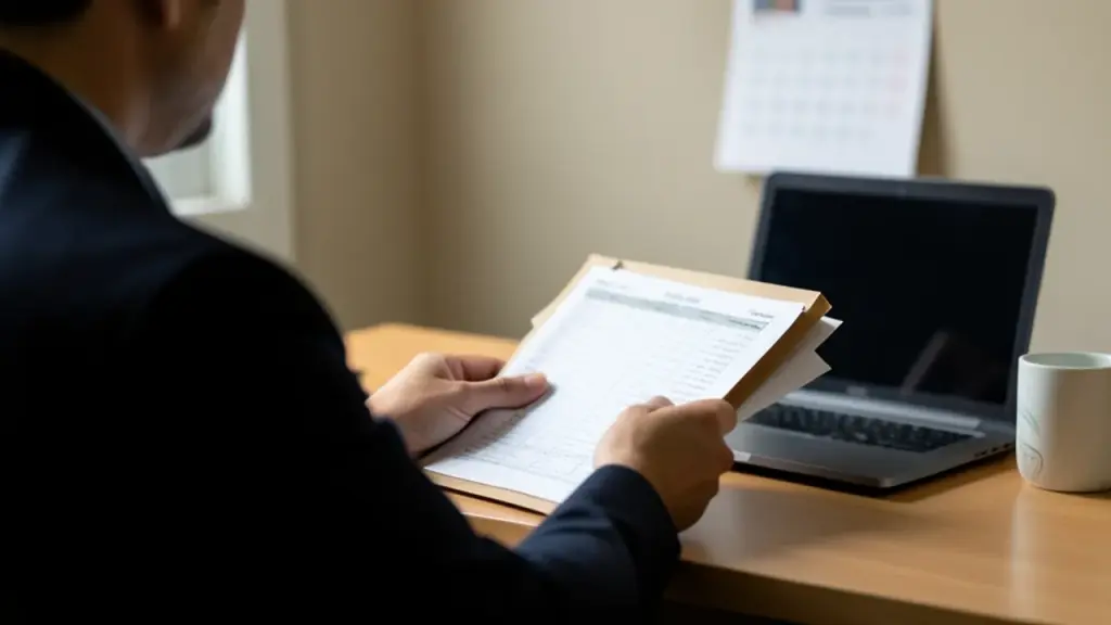 Office worker from behind reviewing payroll folder beside closed laptop