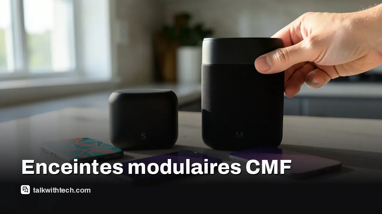 Deux enceintes personnalisables, petite et moyenne, avec plaques avant échangées sur un comptoir ensoleillé.
