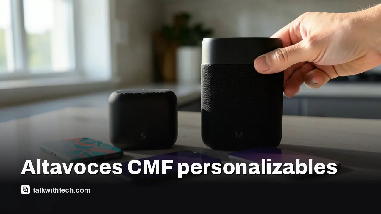 Dos altavoces personalizables, pequeño y mediano, con paneles frontales intercambiados en una encimera iluminada.
