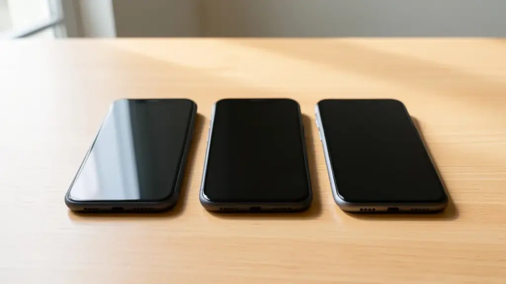 Three smartphones lined up on a wooden table