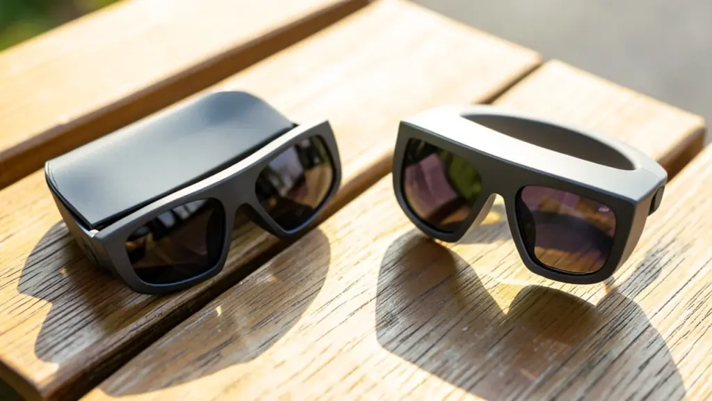 Camera smart glasses and camera-free headset-style smart glasses side by side on bench