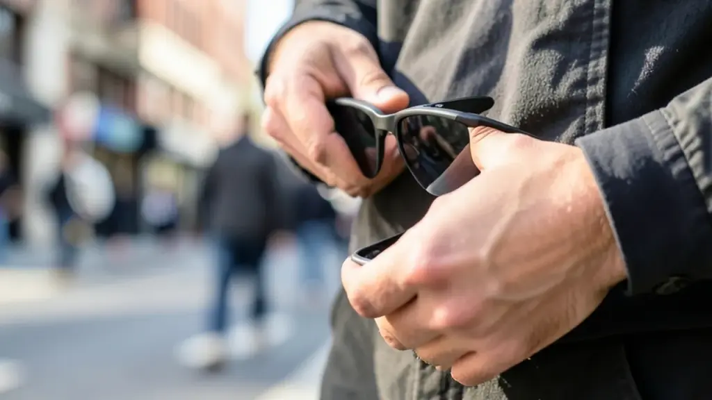 Person wearing camera-free headphone-style smart glasses walking in city, hands on phone