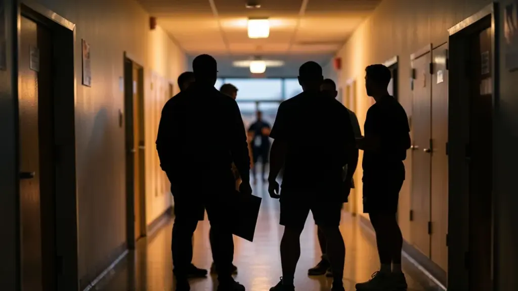 Silhouetted athletes in dorm hallway discussing a folder, dusk lighting.