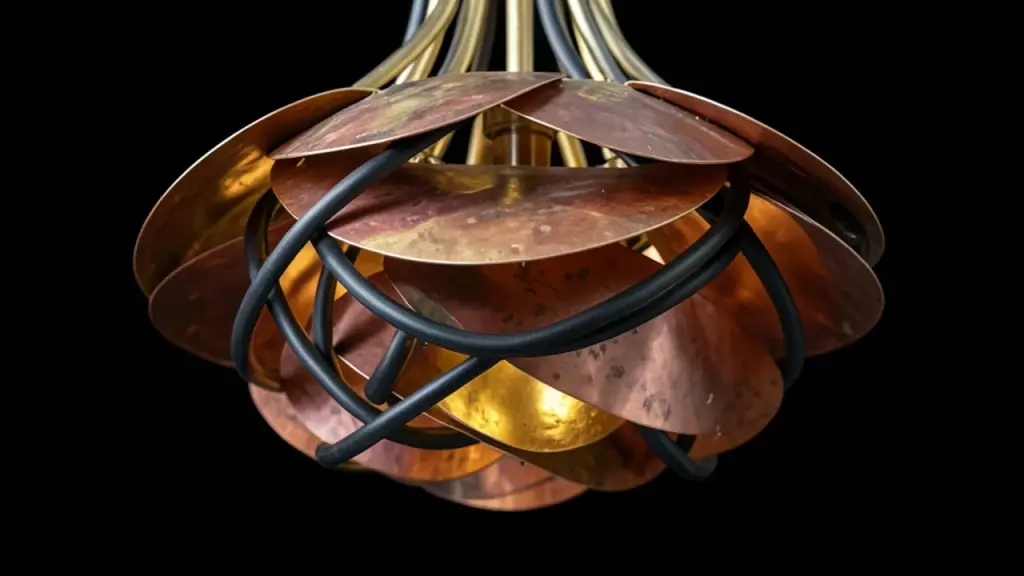 Gold-colored quantum computer cooling assembly with copper cables