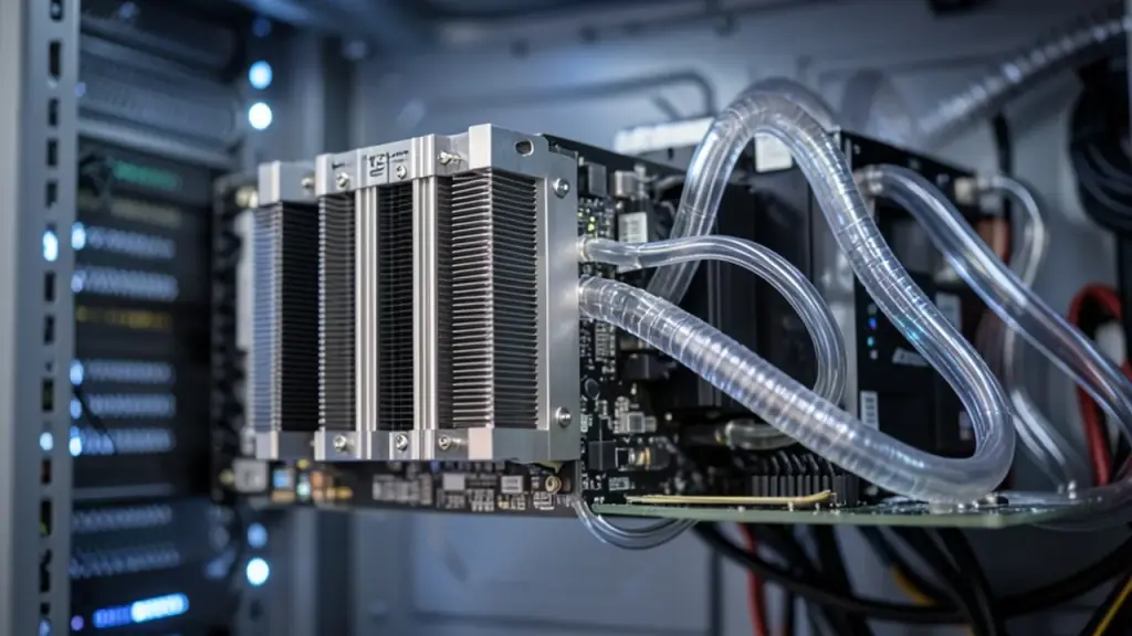 GPU server board with liquid cooling tubes inside a rack