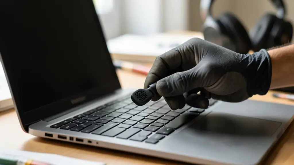 Hand plugging cooling accessory into laptop at creative workspace