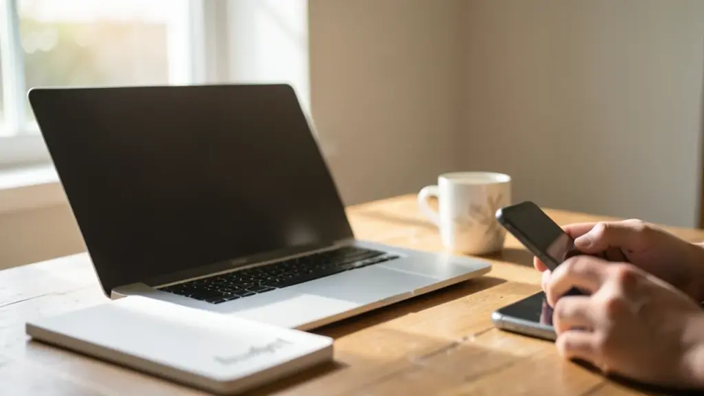 Closed laptop on home desk with hands holding smartphone and notebook nearby