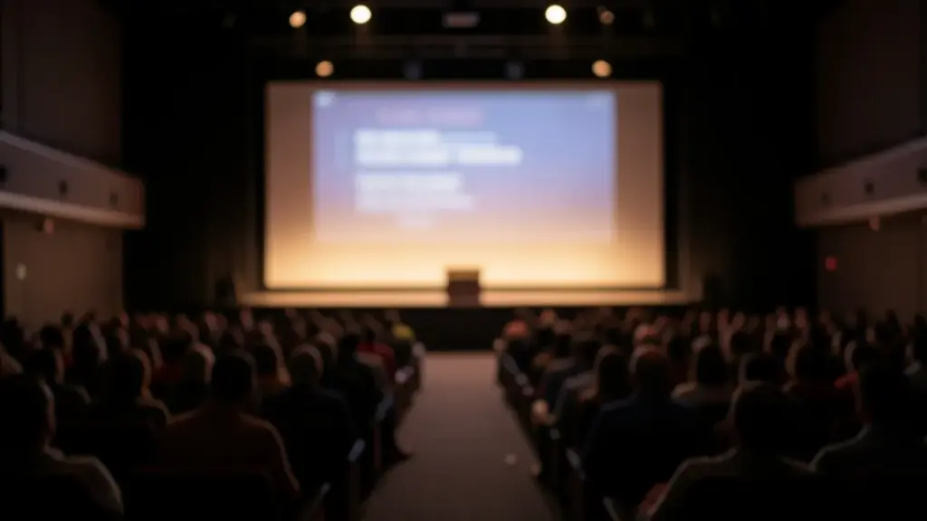 A dark auditorium facing a large glowing keynote screen