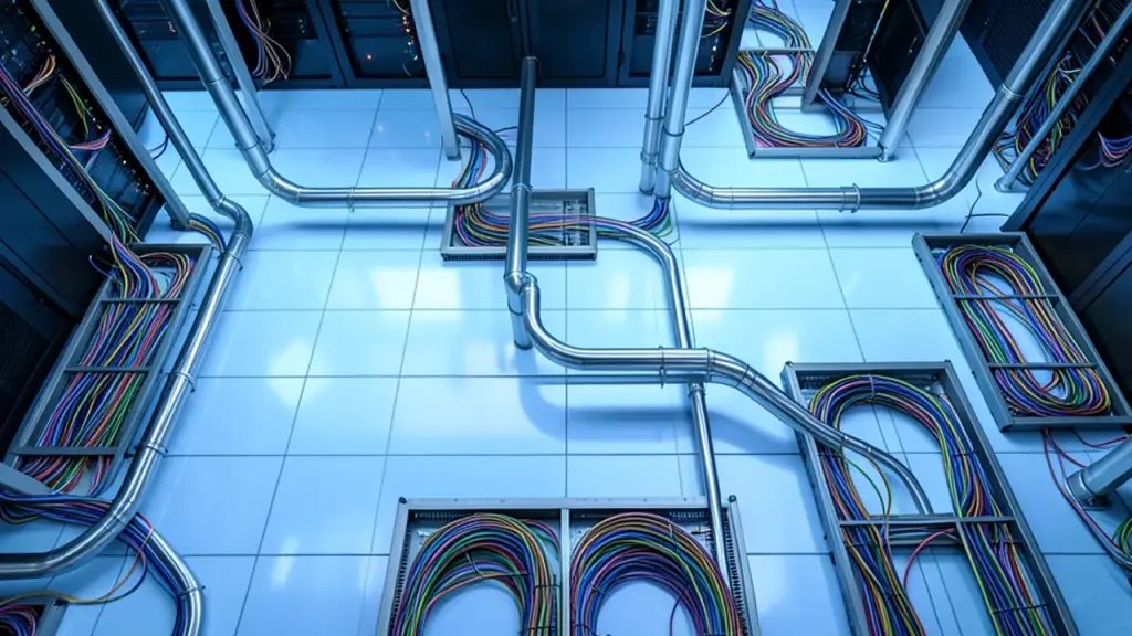 Cable trays and cooling pipes in a server room