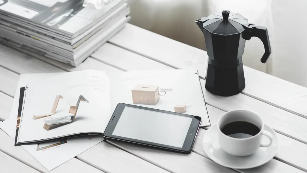 Desk with a puzzle and a cup of coffee