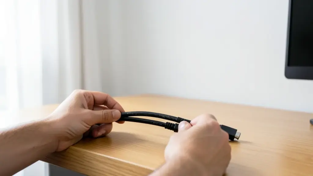 Hands organizing HDMI cables at a desk in natural light.