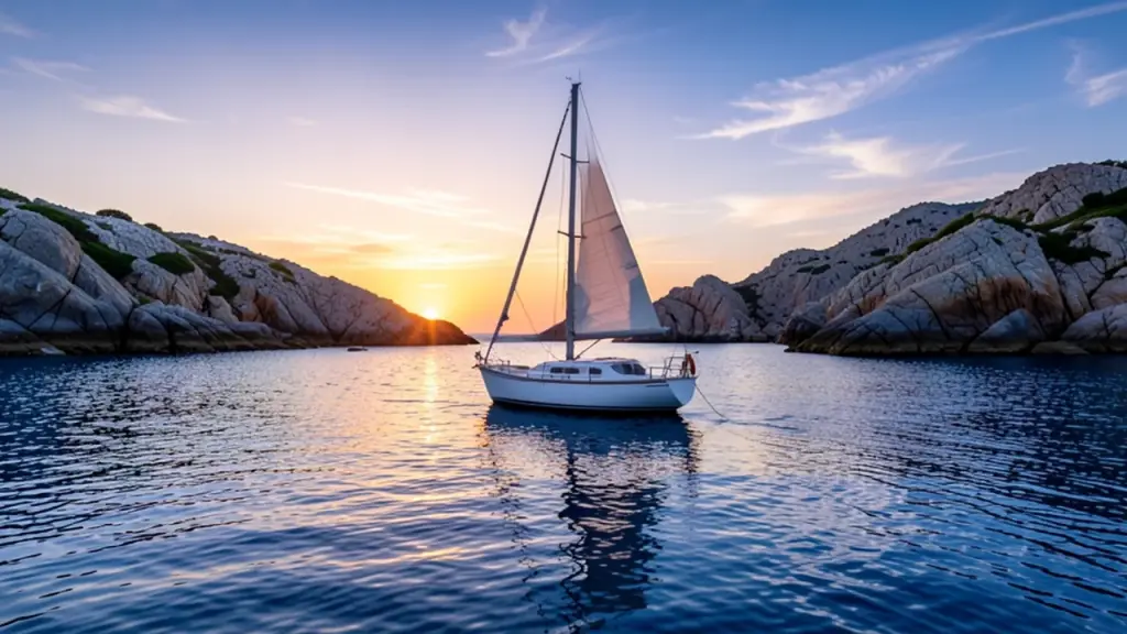 A small sailboat on a calm sea at sunset