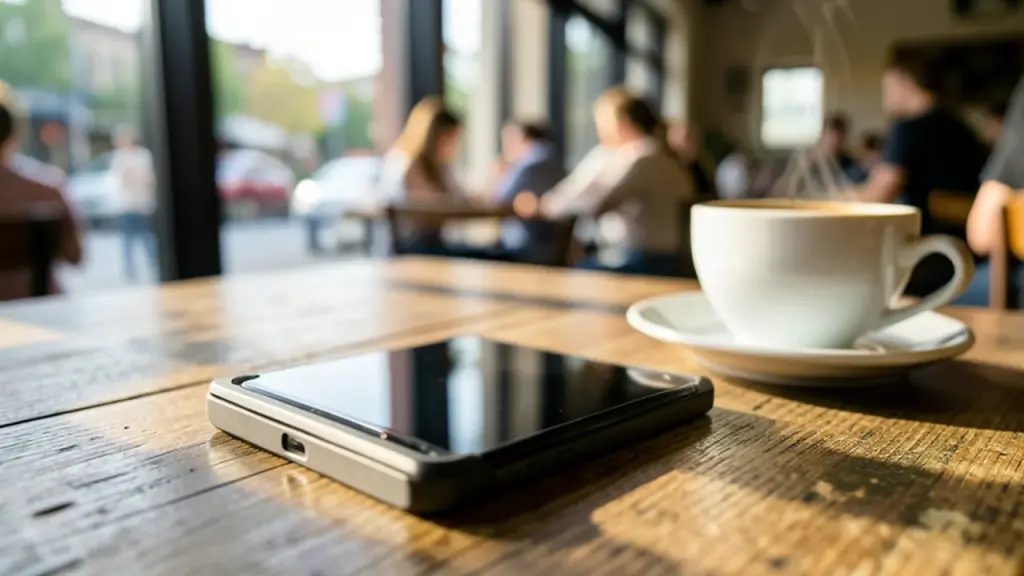 Foldable smartphone half open on a cafe table