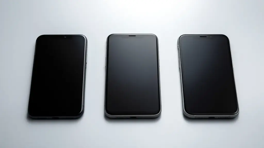 Three Android smartphones lined up on a gray surface