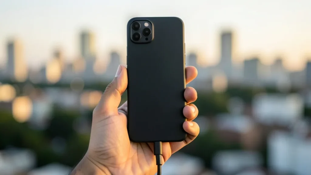 Hand holding phone showing camera bump and fast charging cable connected
