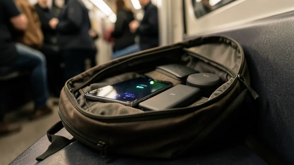 Back of phone in backpack beside power bank and wireless charger on train seat