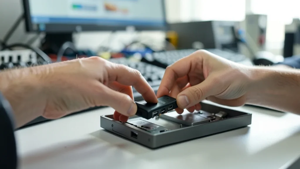 Hands inserting drive into compact server tray in lab
