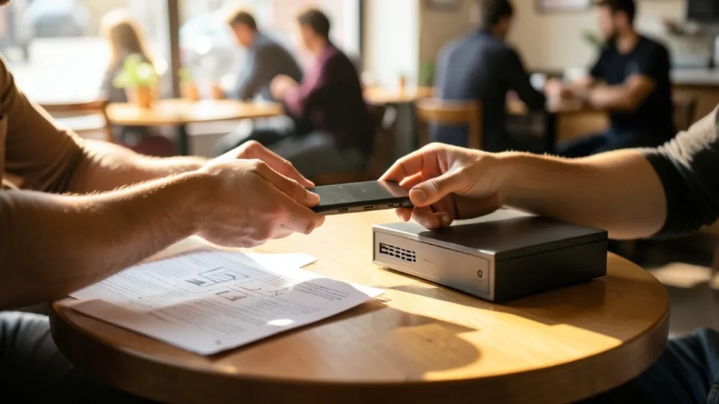 Hands passing sealed hard drive beside closed portable server at café table