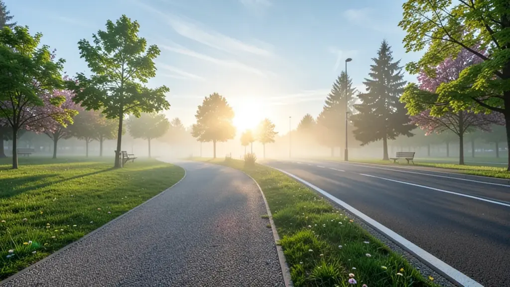 A park running path beside a road at sunrise